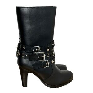 NEW XELEMENT Black 3 buckle 12inch boots 3.5 in heel full grain leather size 9.5